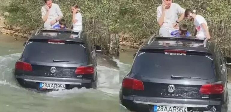 İçinde 7 kişinin bulunduğu cip derede mahsur kaldı