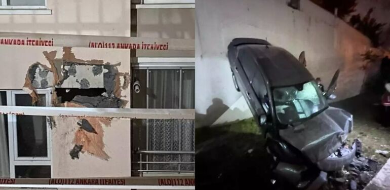Katlı otoparktan uçan otomobil, apartmanın 3'üncü katına çarptı