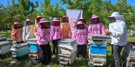 Pembe kıyafetli arıcılar, organik bal üretiyor