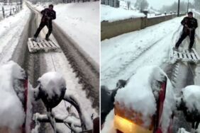 Sakarya’da eğlenceli anlar Traktör ve paletle snowboard yaptılar