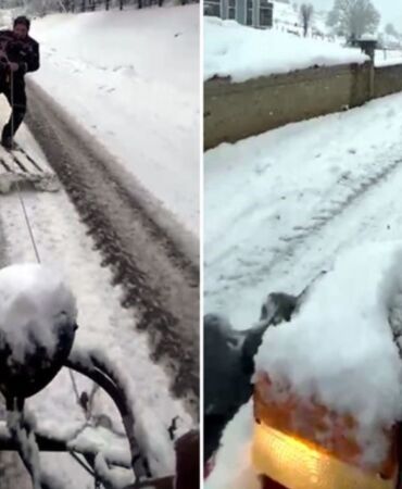 Sakarya’da eğlenceli anlar Traktör ve paletle snowboard yaptılar