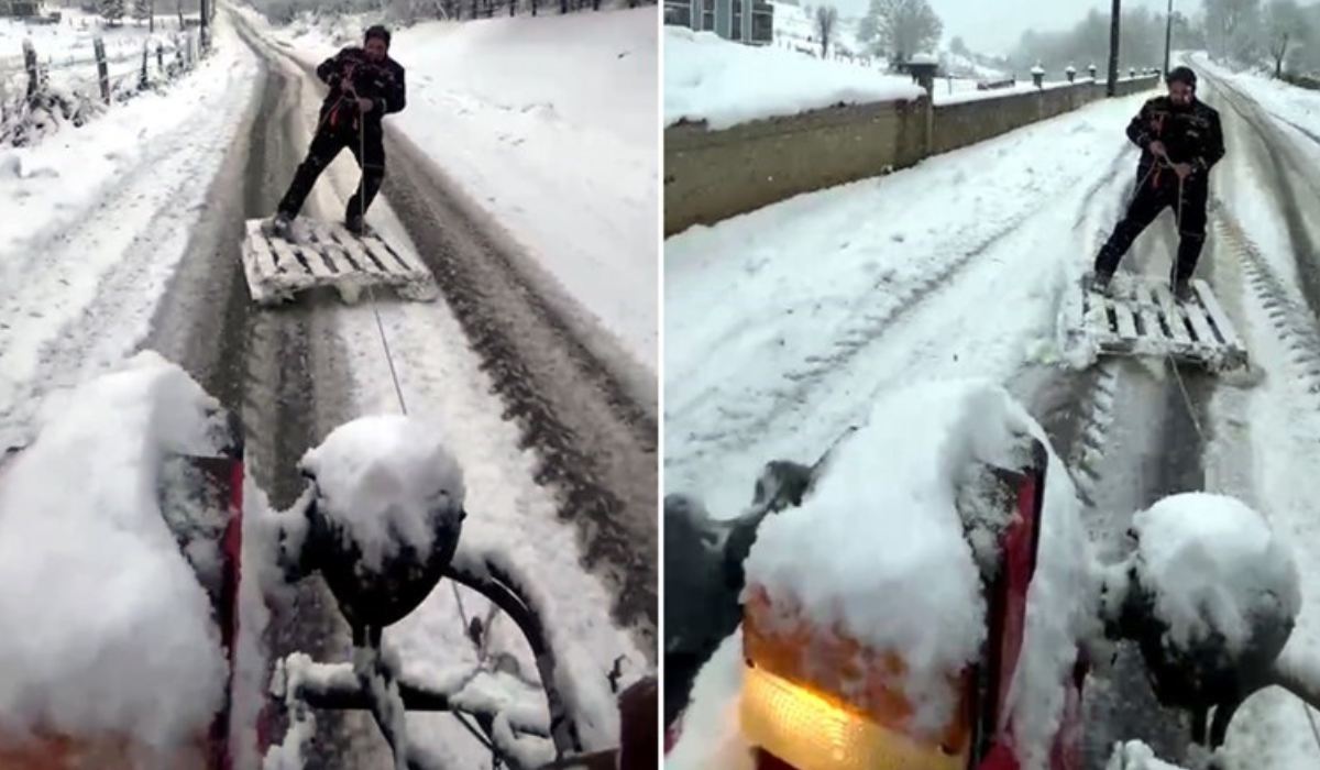 Sakarya’da eğlenceli anlar Traktör ve paletle snowboard yaptılar