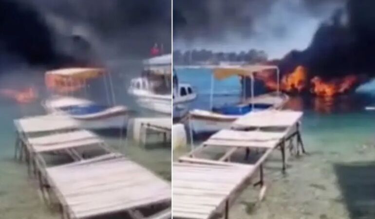 İzmir'de korkutan marina yangını Tekneler alevlere teslim oldu