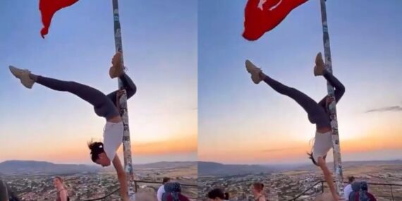 Bayrak direğinde dans şov: Turist hakkında soruşturma başlatıldı!