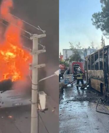 Adana’da park halindeki özel halk otobüsü yandı Alevler aracı sardı