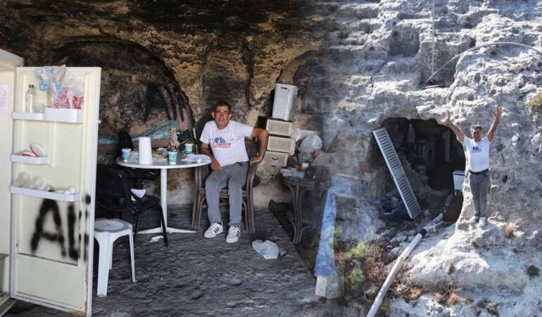 depremden sonra mağaraya yerleşmişti zabıta ekipleri tahliye etti