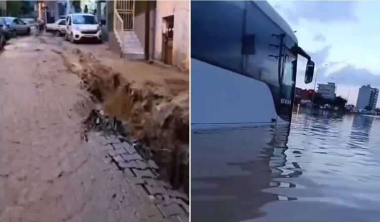 Hatay’da sağanak sonrası otoyol çöktü, yolları su bastı, denizde hortum çıktı!
