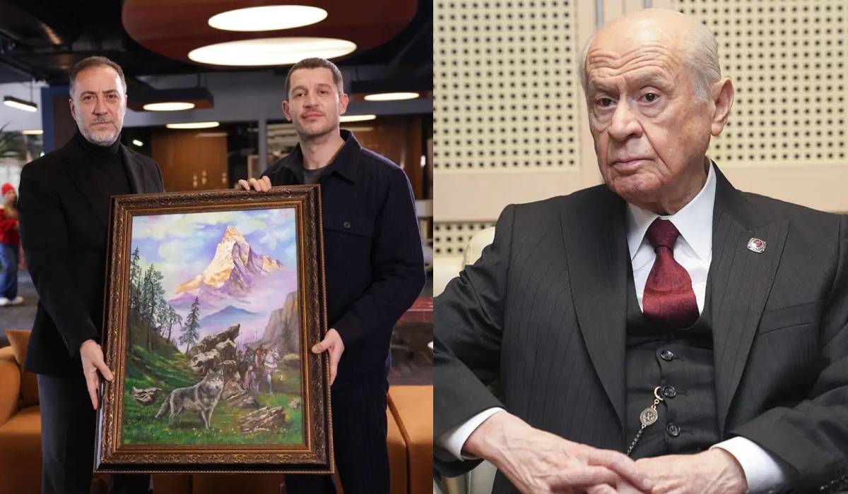 Uraz Kaygılaroğlu’na Bahçeli’den hediye ‘Bozkurt’ tablosu teslim edildi