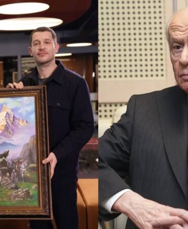 Uraz Kaygılaroğlu’na Bahçeli’den hediye ‘Bozkurt’ tablosu teslim edildi