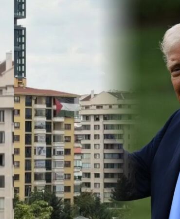 Trump’ın Ankara ziyareti öncesi dikkat çeken görüntü Otelin karşısına Filistin bayrağı asıldı