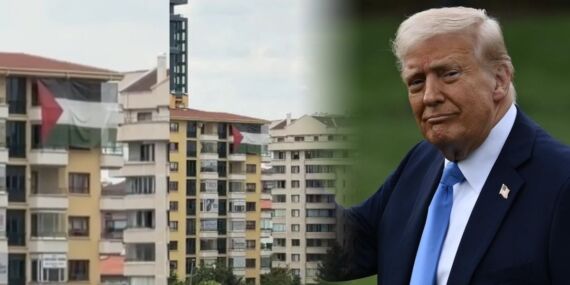 Trump’ın Ankara ziyareti öncesi dikkat çeken görüntü: Otelin karşısına Filistin bayrağı asıldı